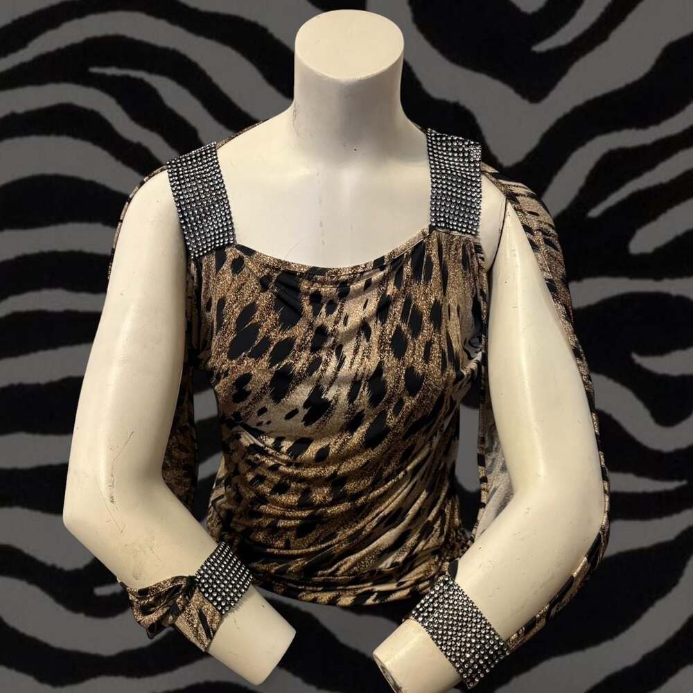 Windsor Leopard Print Blouse with Bling Rhinestone Accents and Open Sleeves